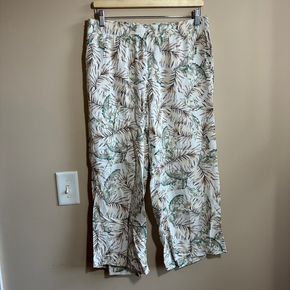 J. Jill Wide Leg Palm Leaf Print Pants M White Tan Women Rayon Elastic Waist